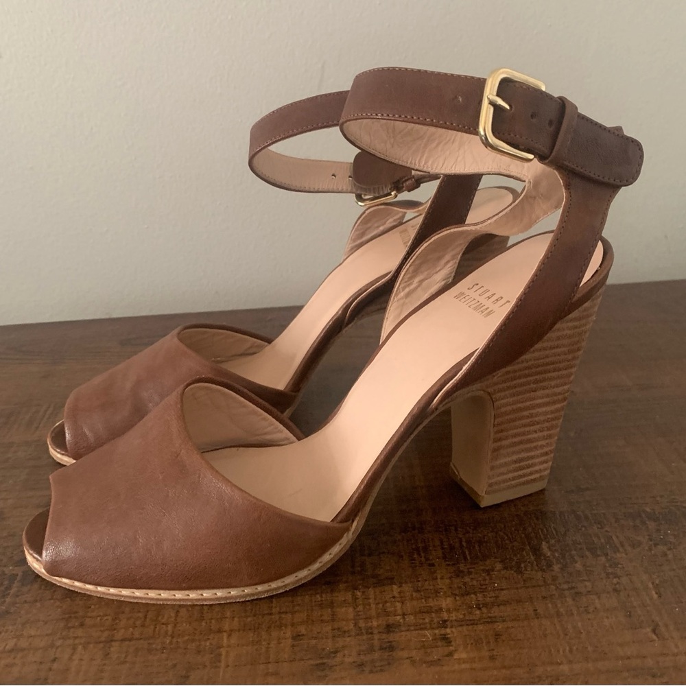 Stuart Weitzman Brown Leather Block Heel Sandals
